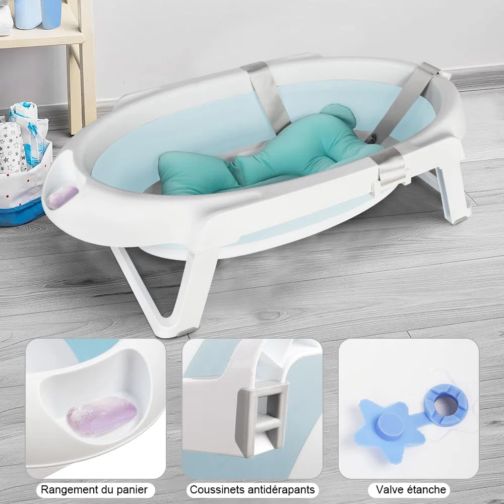 Faltbare Badewanne mit rutschfester Halterung, Badematte und Badewanneneinsatz für Neugeborene und Kleinkinder, große Badewanne XL mit Sitz und Entwässerungsset, Geschenk für Babys