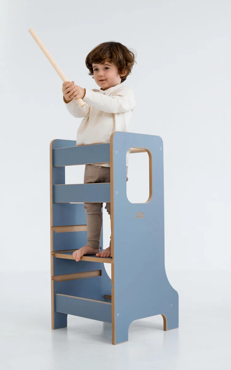 Kindersicherer Lernturm | Verstellbarer Montessori-Küchenhelfer blau | Montessori Küchenhelfer | Lernturm blau aus Holz | Holzplattform | Kinder Küchen Treppe