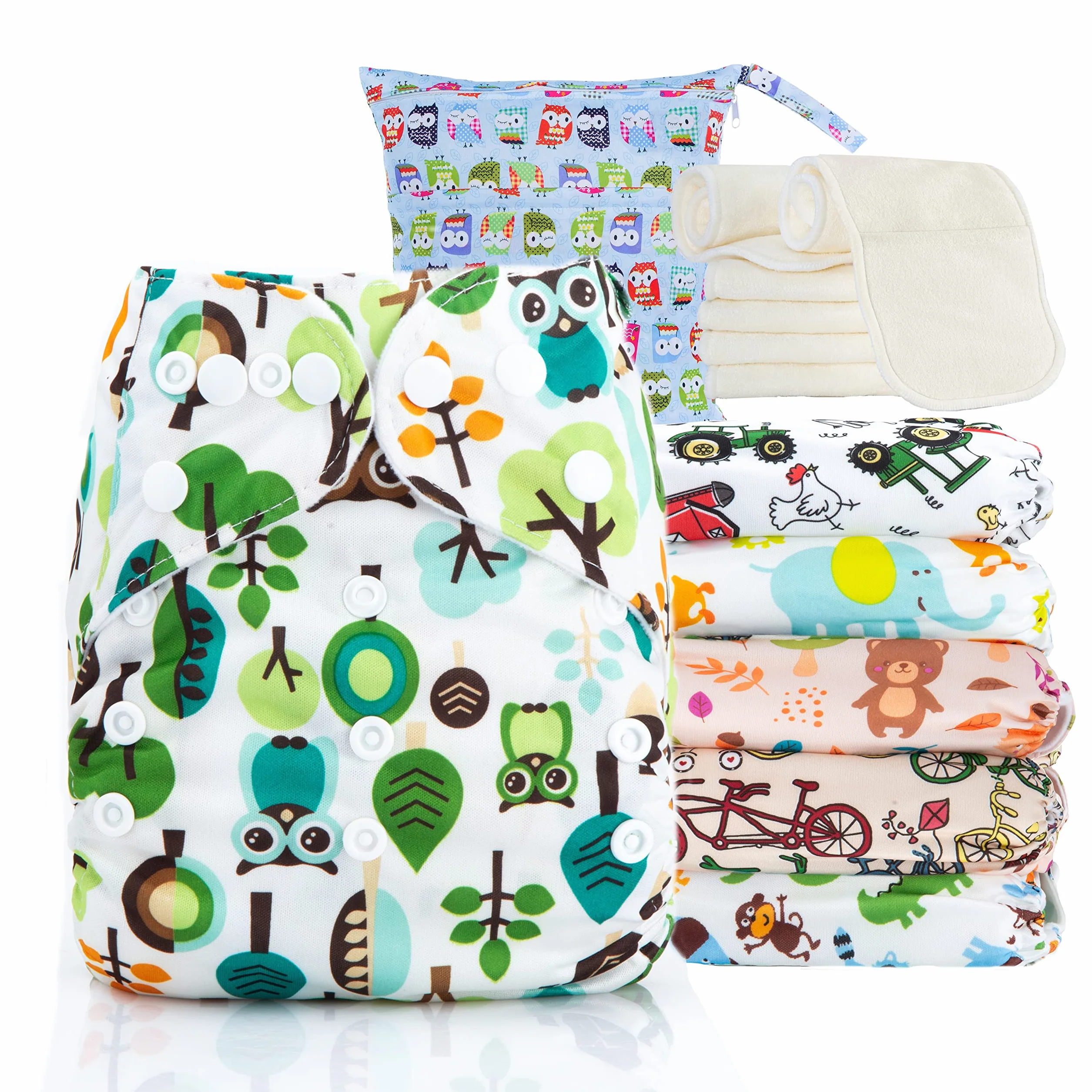 Kolo 6er set wiederverwendbaren Windeln + 6 Waschbare Stoffwindel einlagen bambus + Windeltasche für unterwegs, Unisex verstellbare Stoffwindeln, Mehrwegwindeln babys. Einzig: Oeko-Tex Standard 100