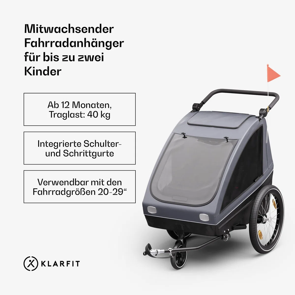 Klarfit GoKiddo Fahrradanhänger 2 Kinder - 2-in-1 Fahrradanhänger & Buggy mit Bremsen, Sicherheitsgurten, Verstellbaren Sitzen, 40kg Kapazität, Regen & UV Schutz, Zusammenklappbar, Dunkelgrau