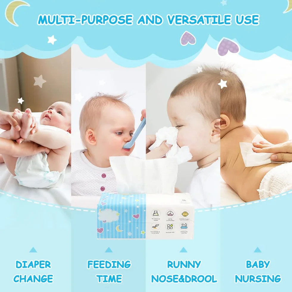 Orighty Trockene Babytücher, superweiche und sanfte Tücher für Babys, nass oder trocken verwendbar, 100% parfümfreies Gewebe für empfindliche Babyhaut, ideal für Windelwechsel, Fütterung
