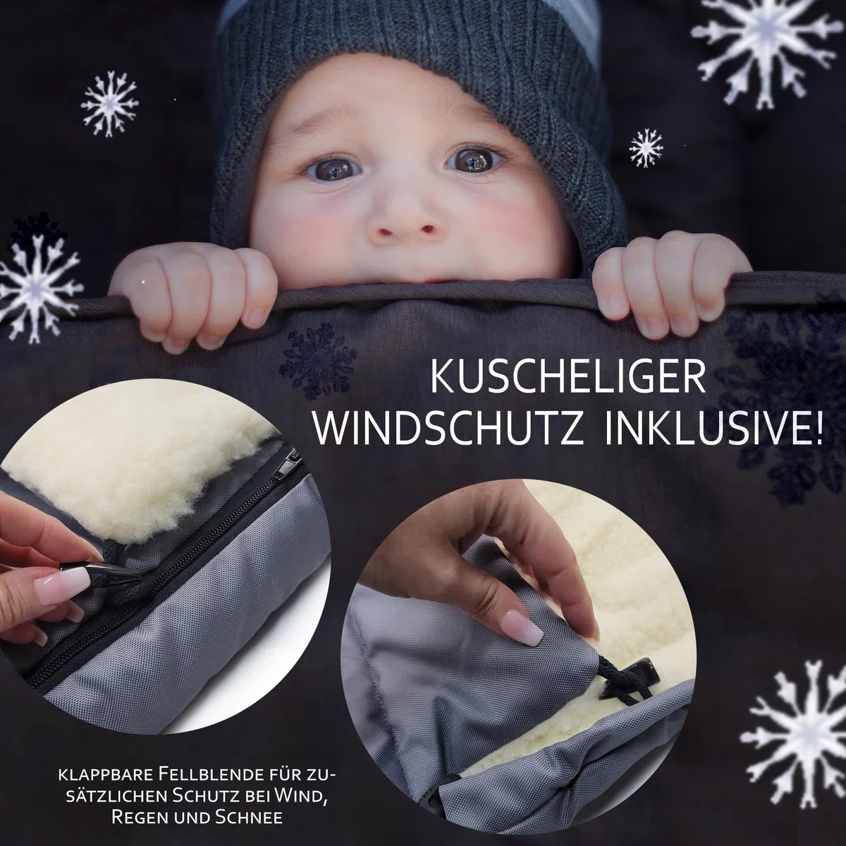 Kombi-Angebot [Holz-Schlitten + universaler Winterfußsack 108cm] Rodel mit Rückenlehne und Zugseil Fußsack geeignet für Babyschale Kinderwagen Buggy mit Lammwolle (schwarz (108cm))