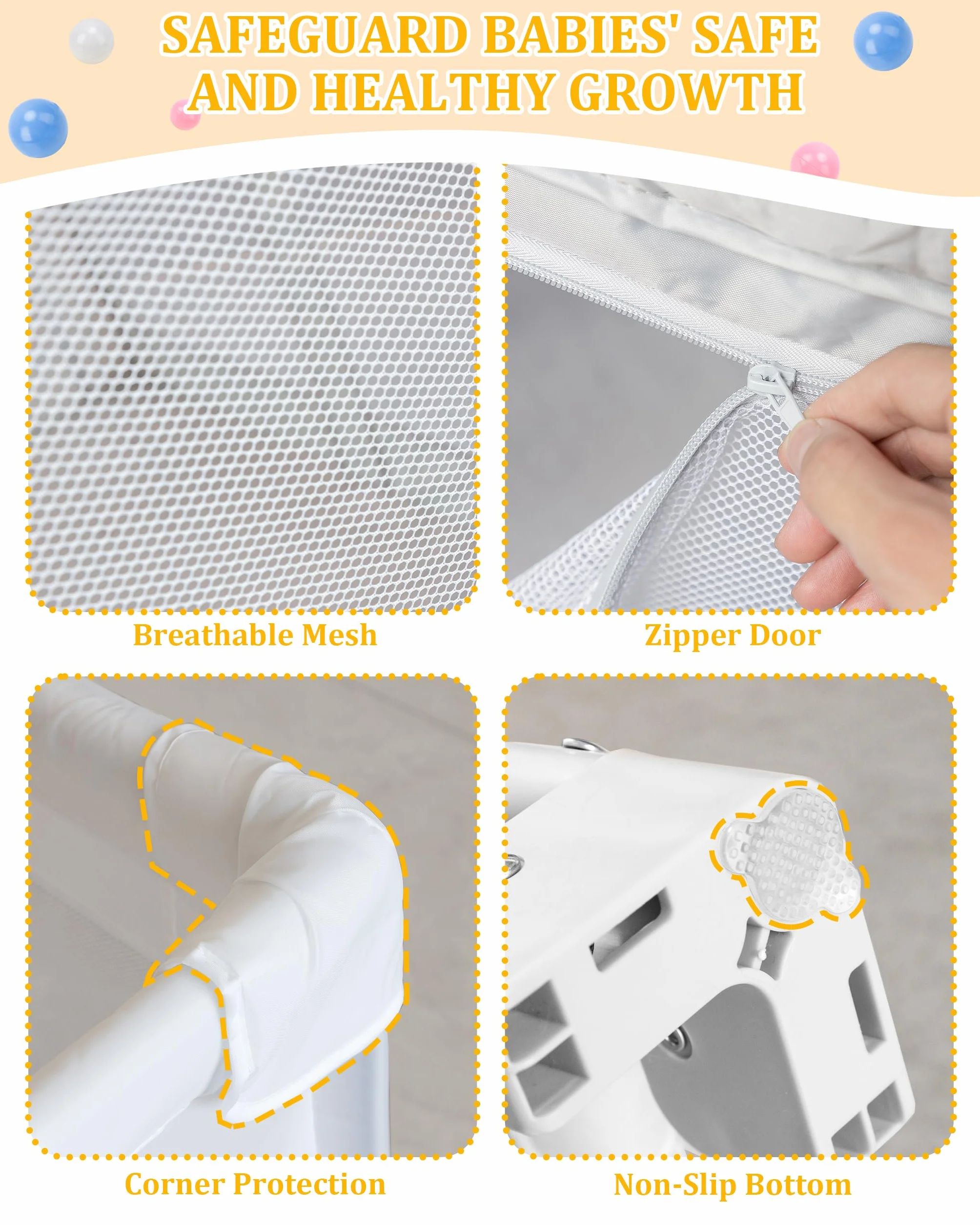 Großer und Faltbarer Laufstall für Baby: 180 x 150 x 75 cm Playpen,für Drinnen und Draußen,mit 20 Bällen,1 Basketballkorb,4 Griffen und 1 Reisetasche – Idealer Spielbereich für Kinder