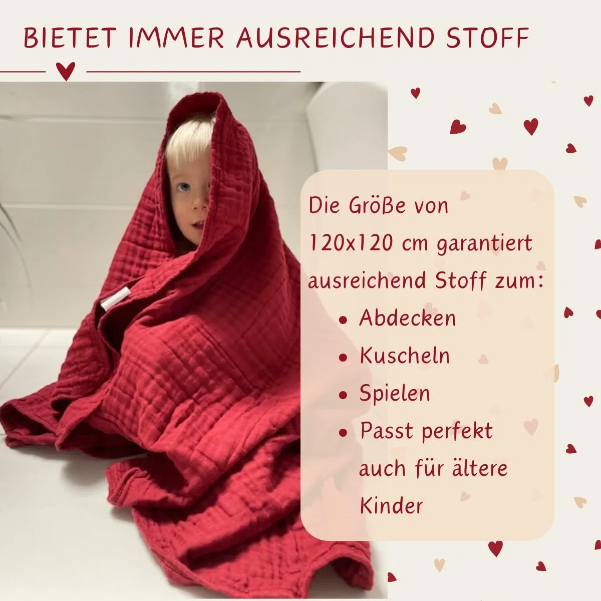 K.A.O.S by T&M Premium Musselin Babydecke/Kuscheldecke/Musselintuch in Rot - Rotes Handtuch Geburt - 120x120 cm - 6-lagig - 100% Baumwolle - Geschenk zur Geburt Junge Mädchen