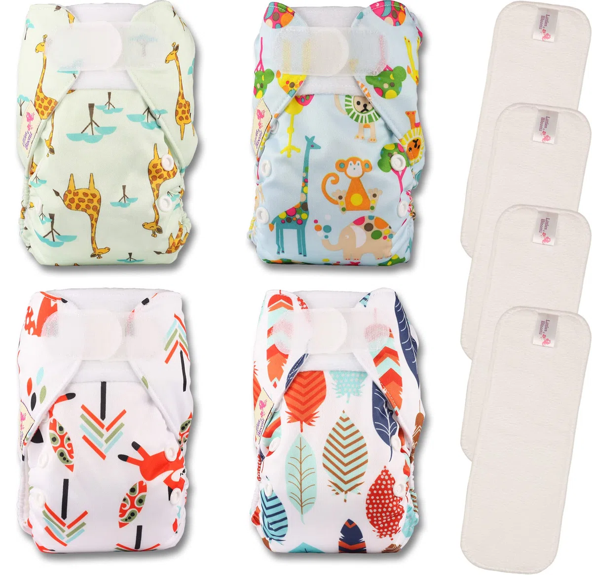 Littles & Bloomz Wiederverwendbare Windeln für Neugeborene und Frühgeborene, 4 Windeln, 4 Mikrofaser-Einsätze, NB-403MF4