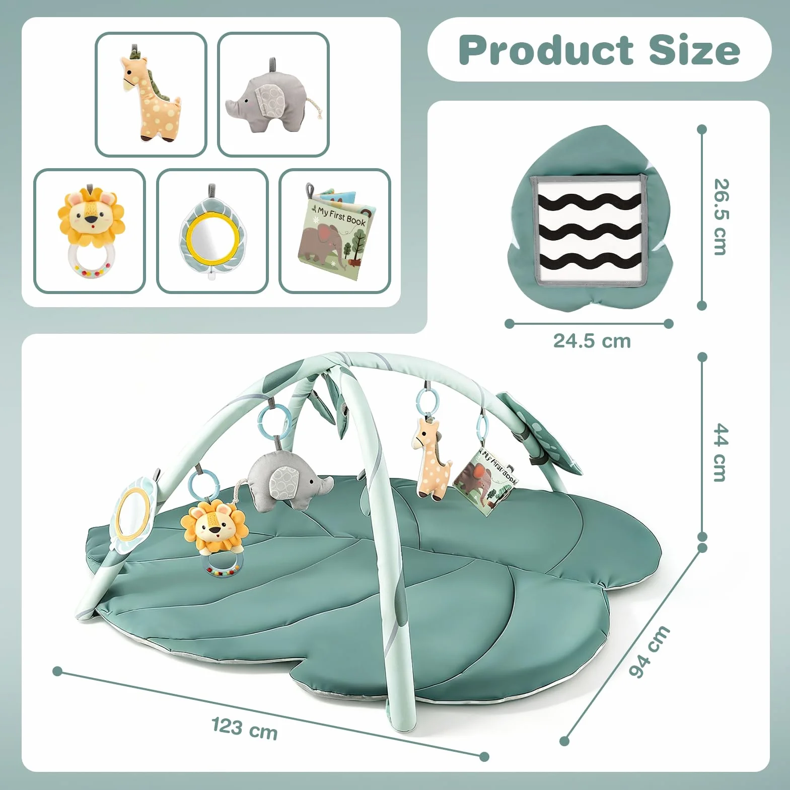 Spielmatte Baby mit Spielbogen, Vanplay Spieldecke Baby mit Bogen, Rutschfest Spieldecke Greifspielzeug Baby Stoffbuch, 6 Abnehmbaren Babyspielzeug, Geschenk Neugeborenes Junge Mädchen