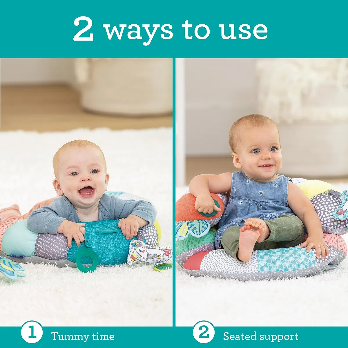 INFANTINO 2-in-1 Tummy Time & Stützkissen für Babys – als Spielkissen in Bauchlage nutzbar, Kissenstütze für Neugeborene und ältere Babys - Abnehmbare Spielzeuge - Mehrfarbig