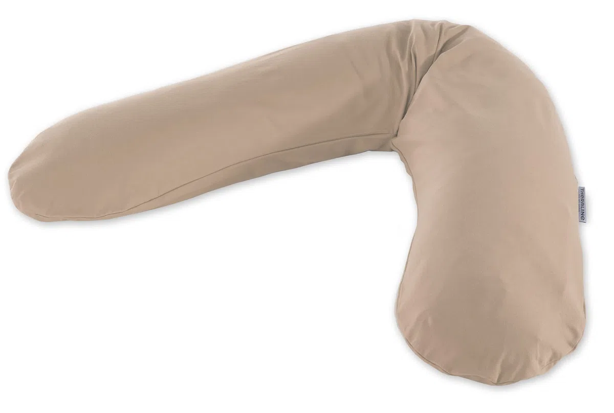Theraline Das Original Schwangerschaftskissen & Stillkissen 190cm – Seitenschläferkissen Stillkissen Perlen – inkl Stillkissenbezug Cappuccino