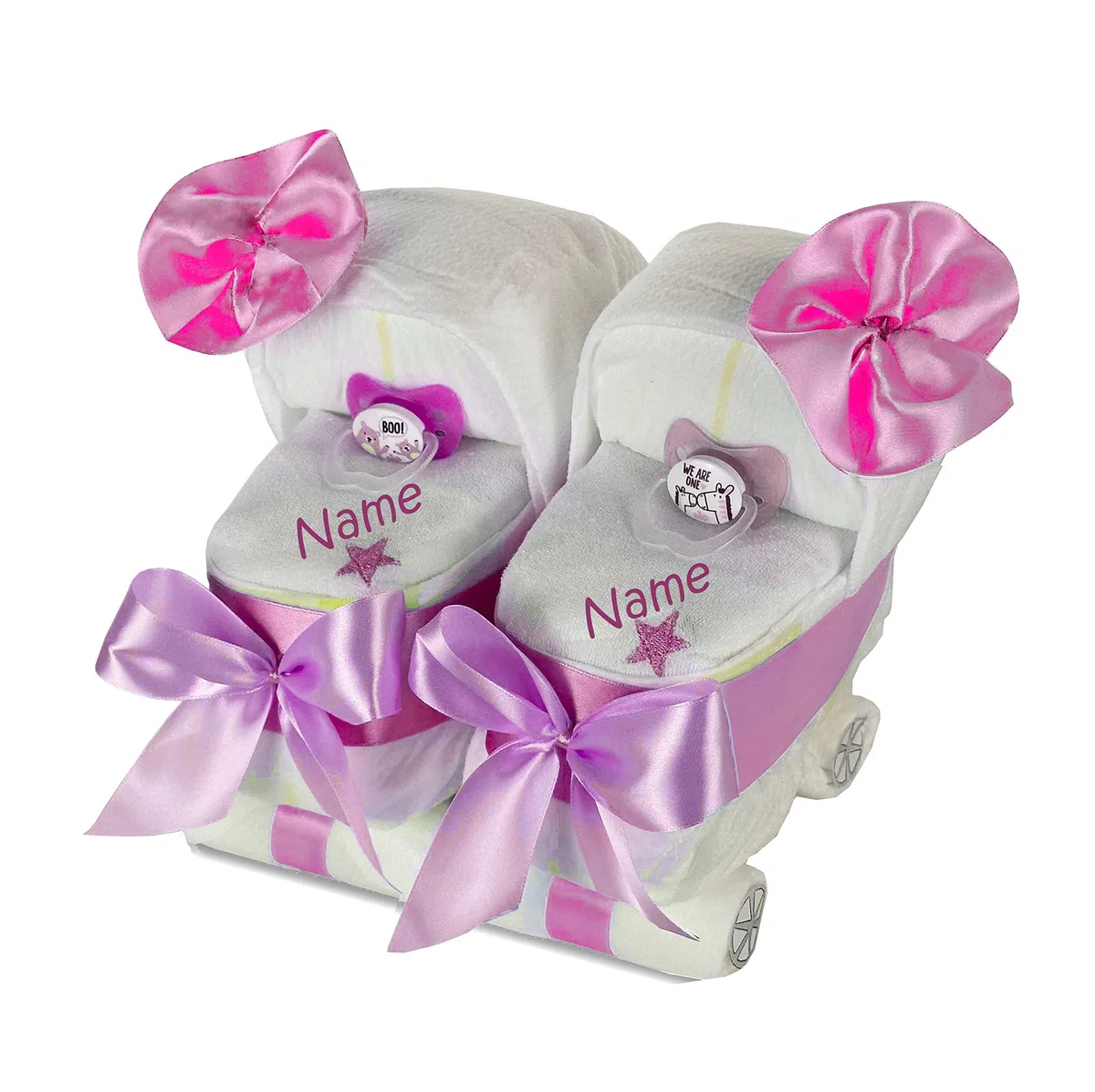 Windeltorte Zwillingswagen rosa - Geschenk für Zwillingsmädchen - Windeltorte Kinderwagen für Zwillinge Mädchen | Geschenk zur Geburt, Babyparty & Babyshower