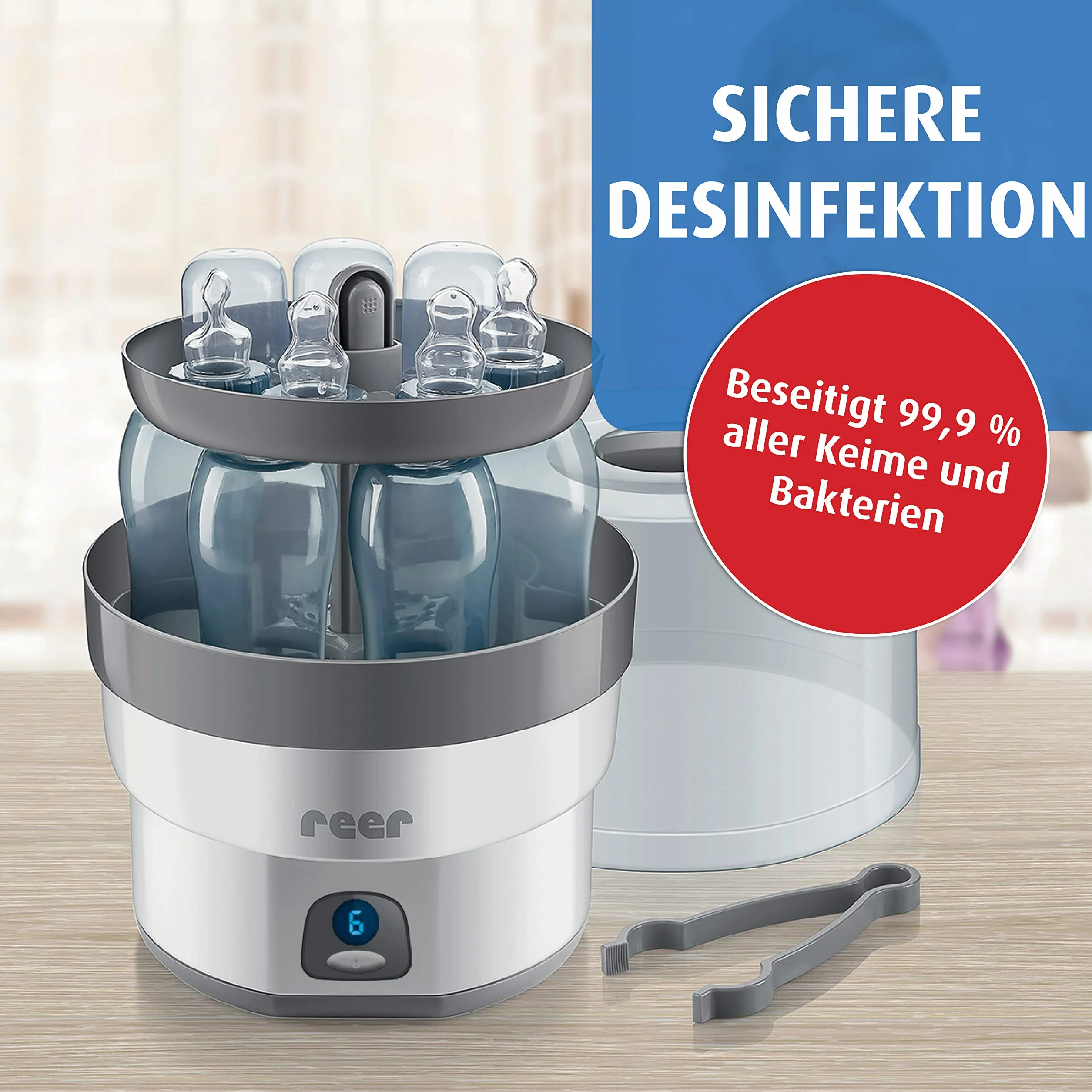 reer Vapomax Vaporisator | Babyflaschen Sterilisator, Dampfsterilisator für bis zu 6 Flaschen, Desinfektion von Babyfläschchen, Schnullern, Beißringen und Zubehör in nur 10 Minuten, ohne Chemikalien
