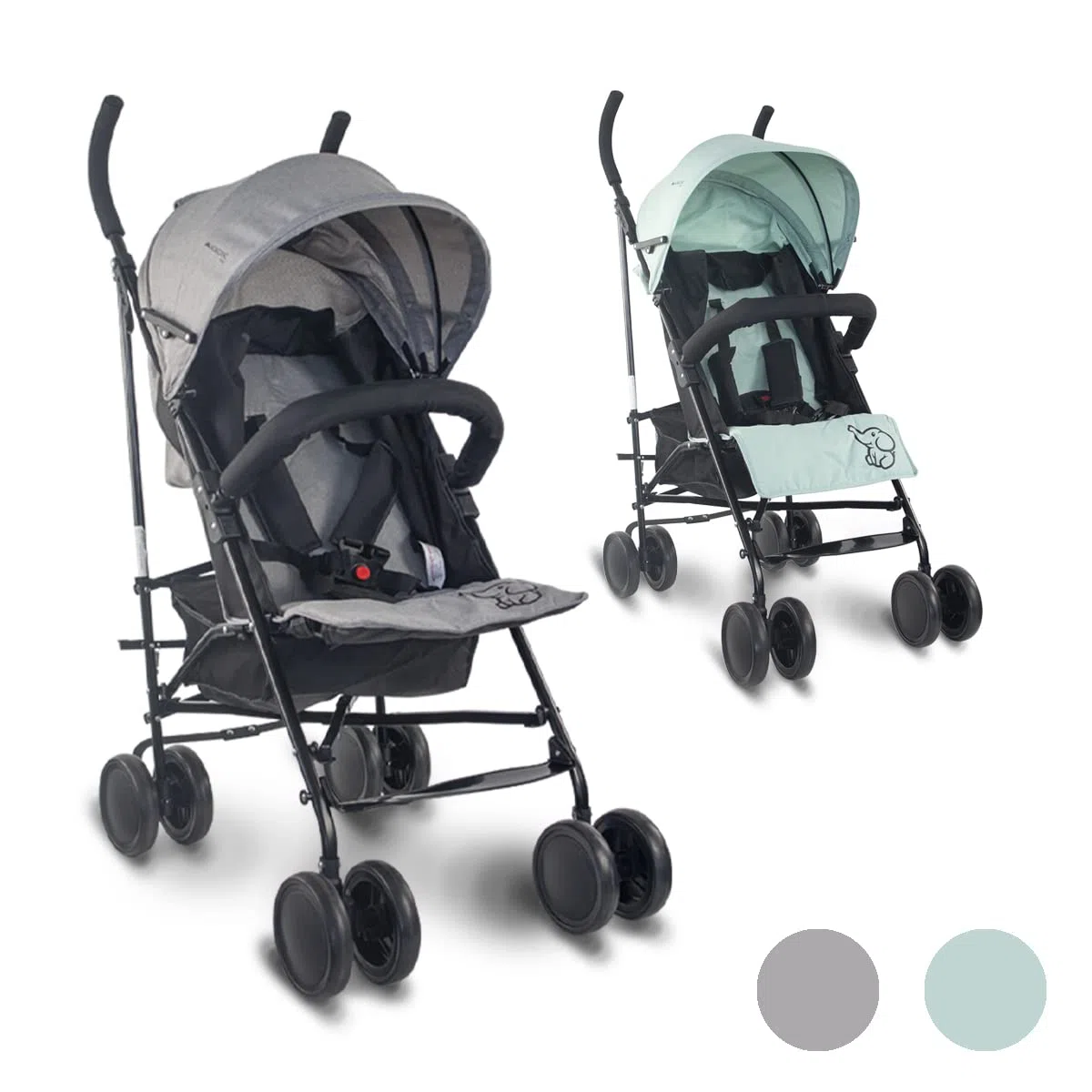 Mobiclinic®, Kinderwagen, Buggy, Elefant, Verstellbare rückenlehne, Doppeltes sicherheitssystem, Abnehmbare räder, Verstellbarer 5-punkt-gurt, Leichter, Grau und schwarz