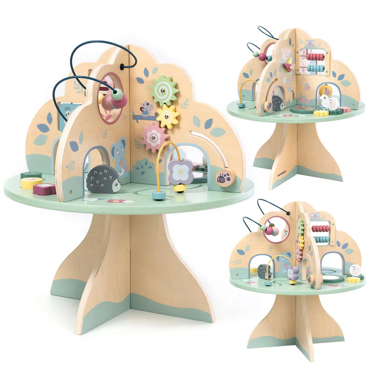 mamabrum Aktivitätstisch Holz für Baby Spielzeug 1 Jahr – Spieltisch für Motorikschleife, Abakus & Lernuhr – Montessori Lernspielzeug aus der Schleife Motorik