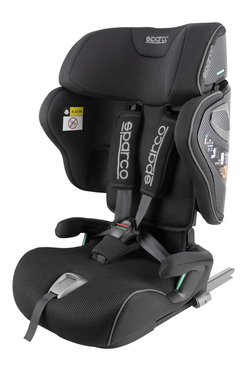 Sparco i-Size-Kindersitz SK8000IBK für Kinder von 76 bis 150 cm, ECE R129/04-zertifiziert, mit ISOFIX und Top Tether, verstellbarer Kopfstütze, klappbarer Rückenlehne und 5-Punkt-Gurt, Farbe: Schwarz