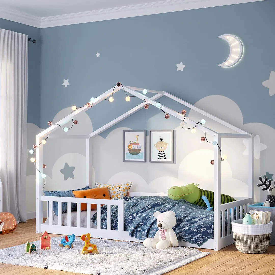 Bellabino Bia Kinderbett 90x200 cm – Bodenbett mit Rausfallschutz & Lattenrost – Hausbett aus Massivholz Kiefer – Montessori Kinder Bett in Weiß für Jungen und Mädchen