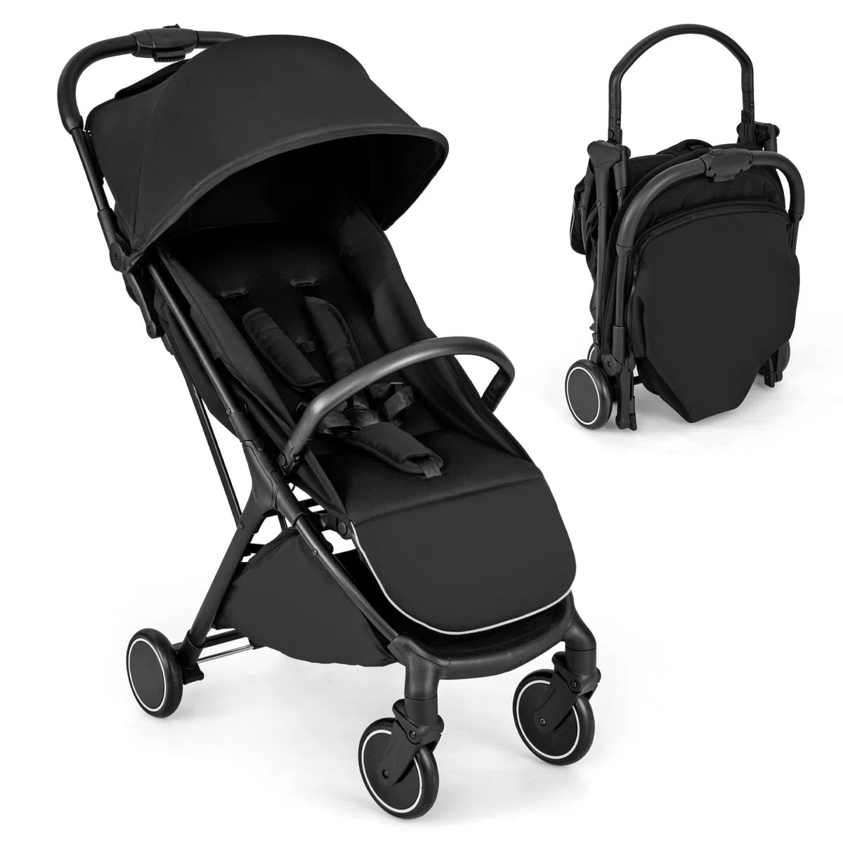 COSTWAY Kinderwagen klappbar, Reisebuggy mit Liegefunktion, Kinderbuggy tragbar mit verstellbarer Rückenlehne, Verdeck & Fußstütze, Babywagen mit Sicherheitsgurt bis 15 kg Belastbar (Schwarz)