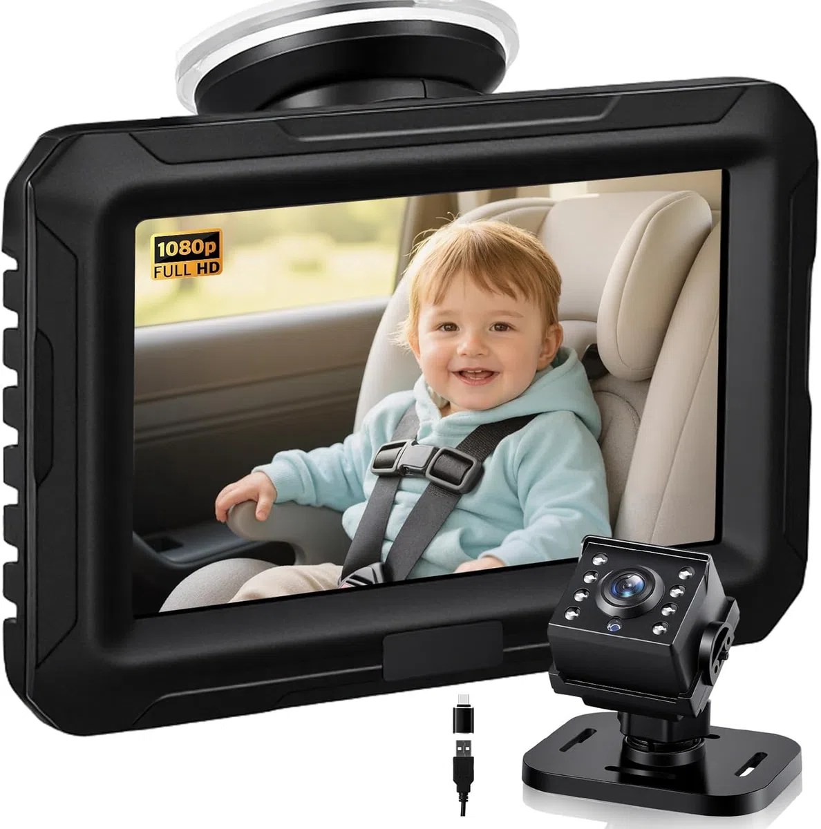 Zacro Baby Kamera Auto, Spiegel Auto Baby Rückbank 1080P, USB-C Plug-and-Play, Baby Autospiege mit HD Nachtsicht und 150° Betrachtungswinkel, Auto Rücksitzspiegel, Babyspiegel Rückansicht Monitor