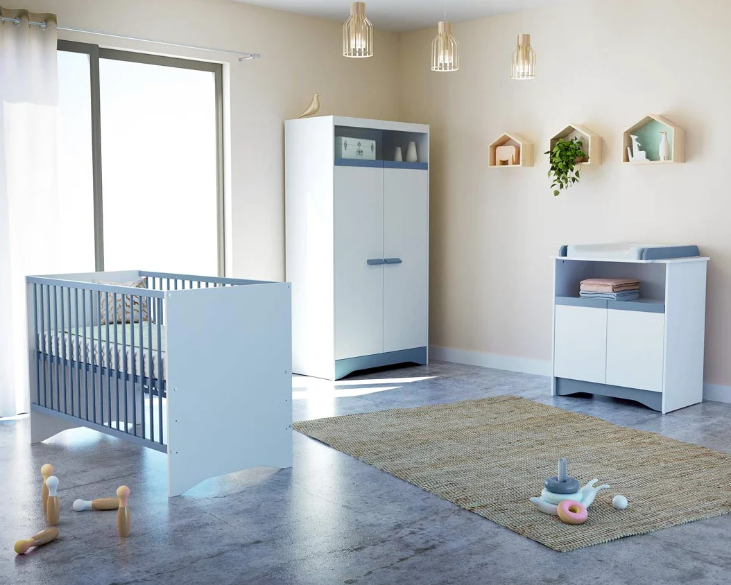 AT4 - COTILLON Wickelkommode Weiß und Blau | 2 Türen, 1 COTILLON-Nische aus Holz | Abnehmbares Wickelbrett im Lieferumfang enthalten