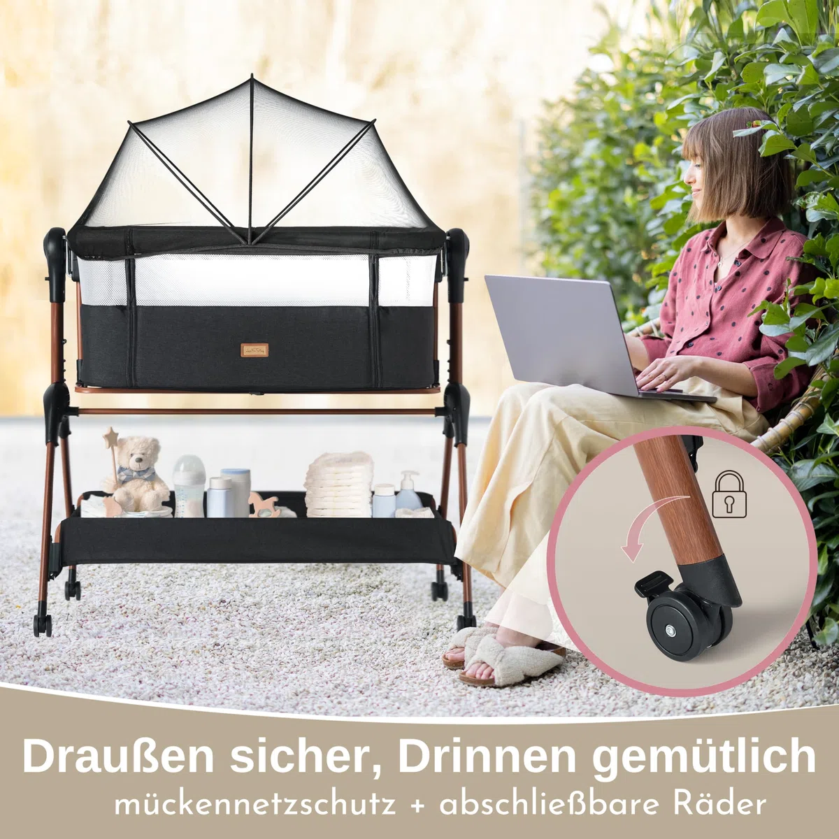 LullaBee Beistellbett & Baby Co-Sleeper – 6 Höhenstufen, Schaukel­funktion, Rollen, gesteppte Matratze, Mesh-Seiten mit Moskitonetz, faltbares Bett mit Tragetasche (0–6 Monate) – Schwarz/Braun
