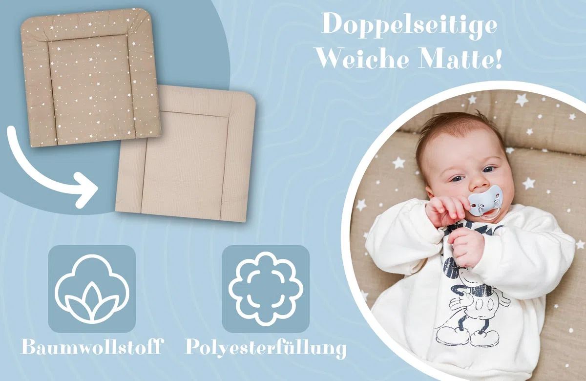 Wickelauflage Wickelunterlage aus Baumwolle 75x72 cm - Weich und waschbar Wickelunterlage für Babys Wickelmatte aus Stoff für Wickeltisch Wickelkommode Waschmaschine Oeko-Tex Beige mit Weiß Sternen