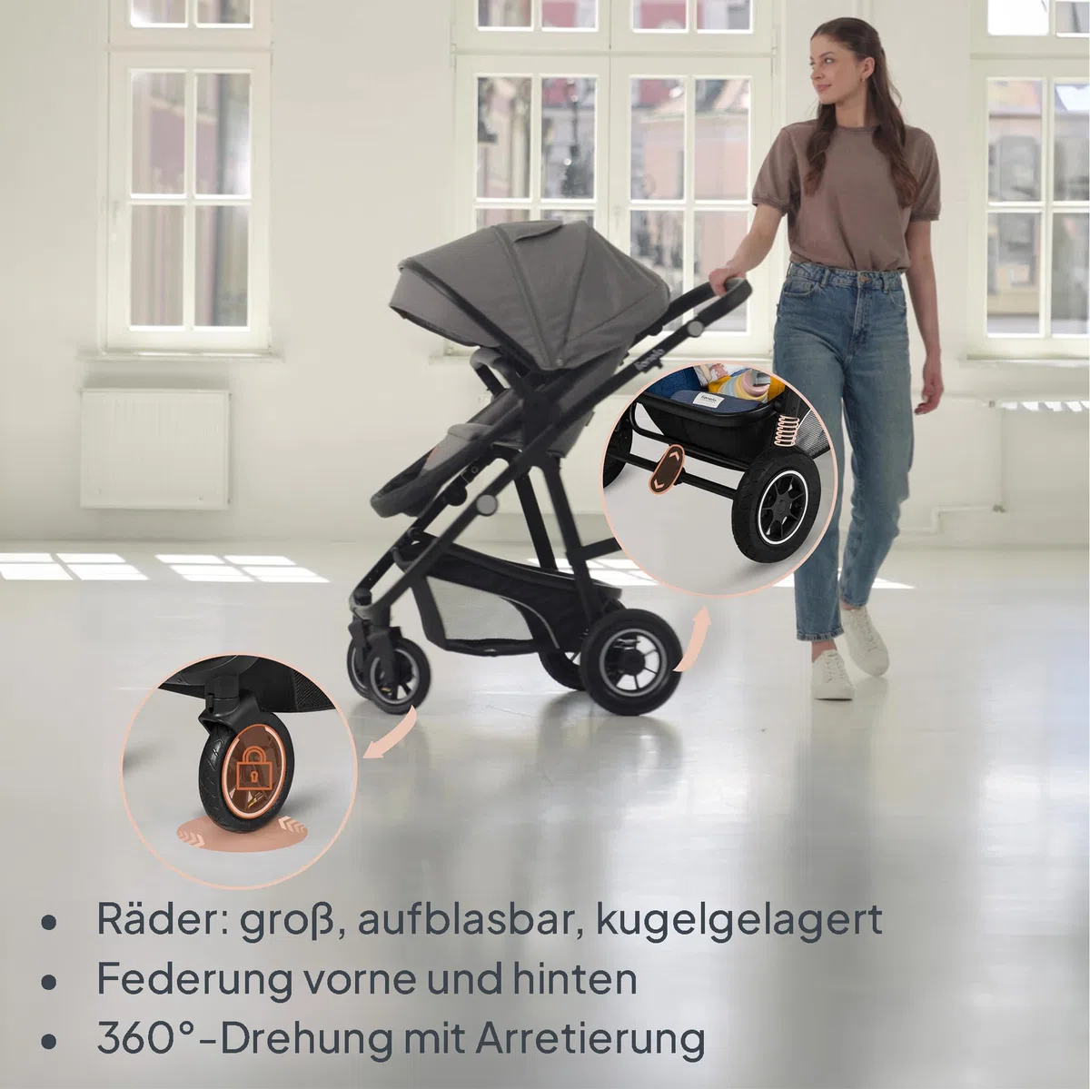LIONELO BIANKA Kinderwagen 3 in 1 bis 22 kg Babywanne Autositz Reise-System Zusammenlegbar Stoßdämpfer Verdeck XXL