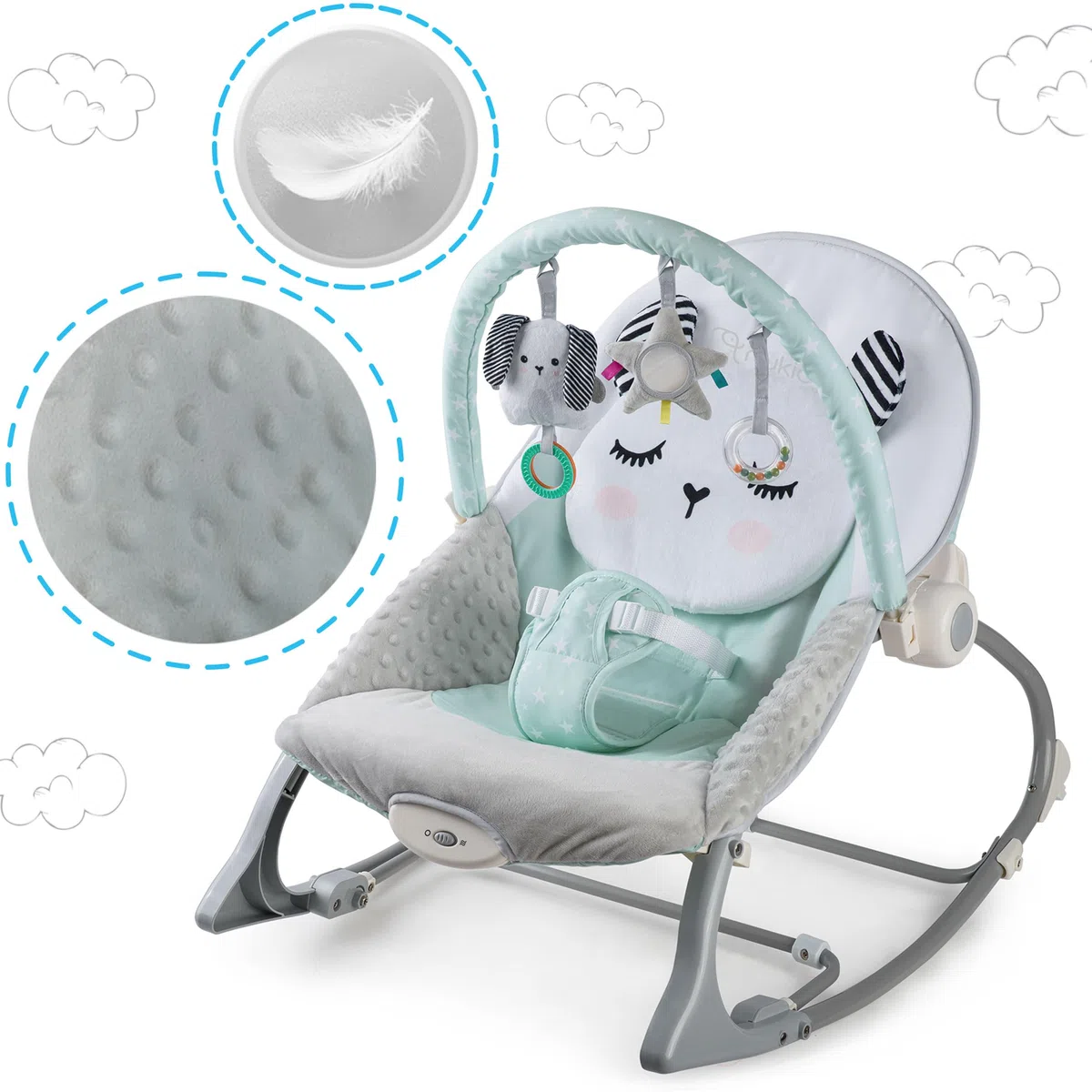 Nukido Babywippe Baby Wippe Babyschaukel Babyliege - mit Vibration und Spielzeugen - Rutschfeste Füße und 3-stufige Sicherheitsgurte - bis 18 kg Grau-Minze