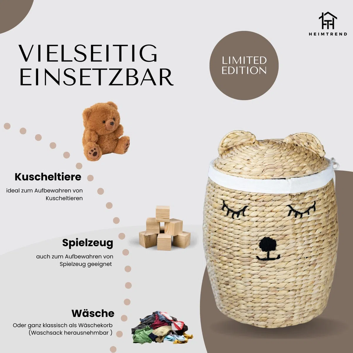 Aufbewahrungskorb/Spielzeugkorb/Wäschekorb geflochten [mit Deckel] - groß rund natur beige - Wasserhyazinthe Rattan - Wohnzimmer Kinderzimmer Schlafzimmer - Bär - Jetzt wählen