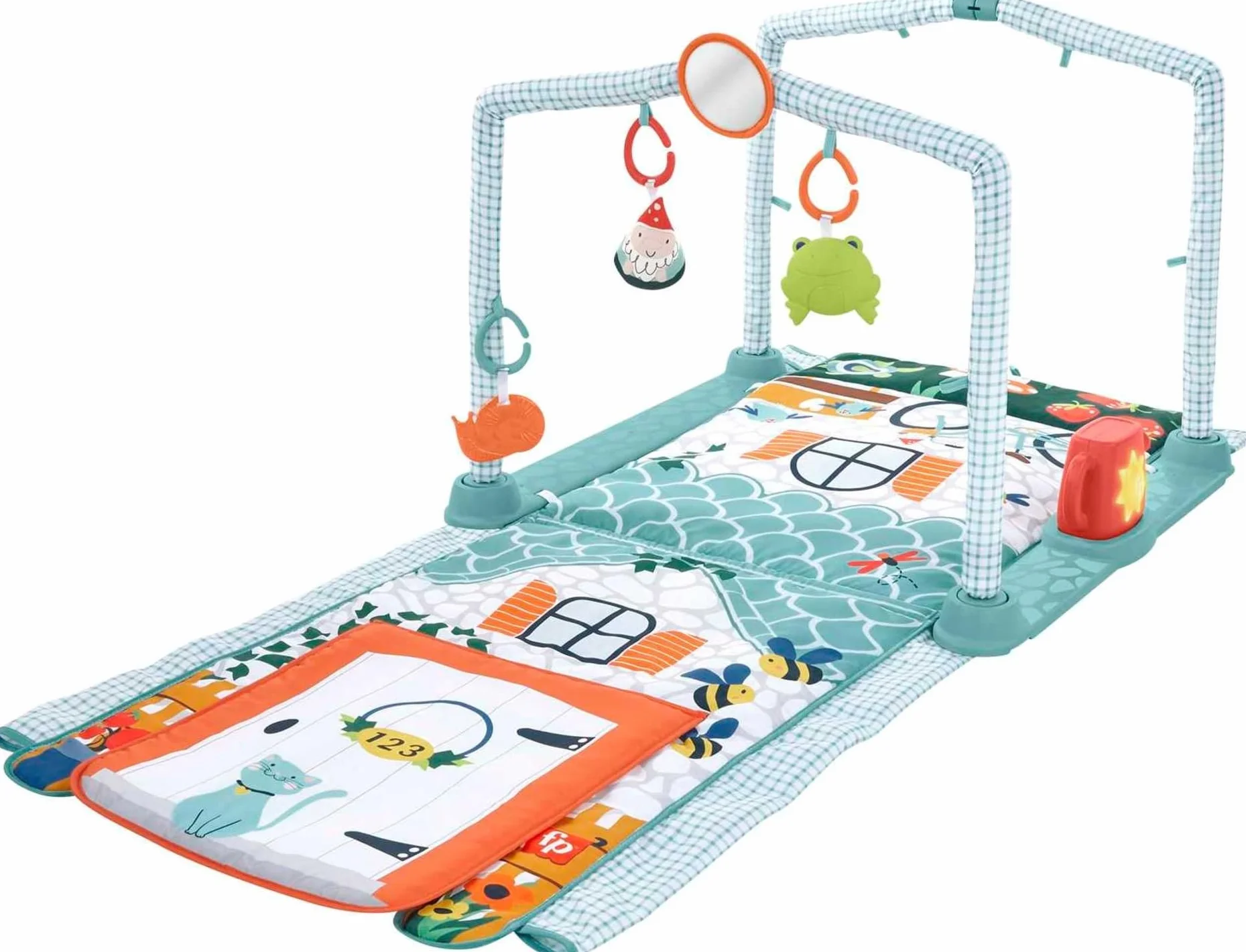 Fisher-Price HJK45-3-in-1 Kleine Ferienhaus Spieldecke, Spieldecke für das Spielen in Bauchlage und Tunnel zum Hindurchkrabbeln mit Spielzeug für Babys und Kleinkinder ab der Geburt
