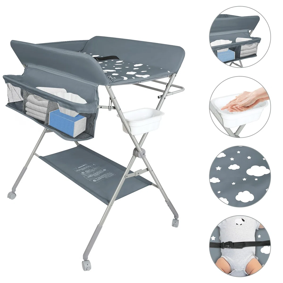 homewell Wickeltisch, Baby Wickelkombi Faltbar Tragbar, Höhenverstellbar, Klappbare Wickelkommode mit Aufbewahrungskorb und 4 Rollen, Platzsparend & Stabil (Dunkelgrau)