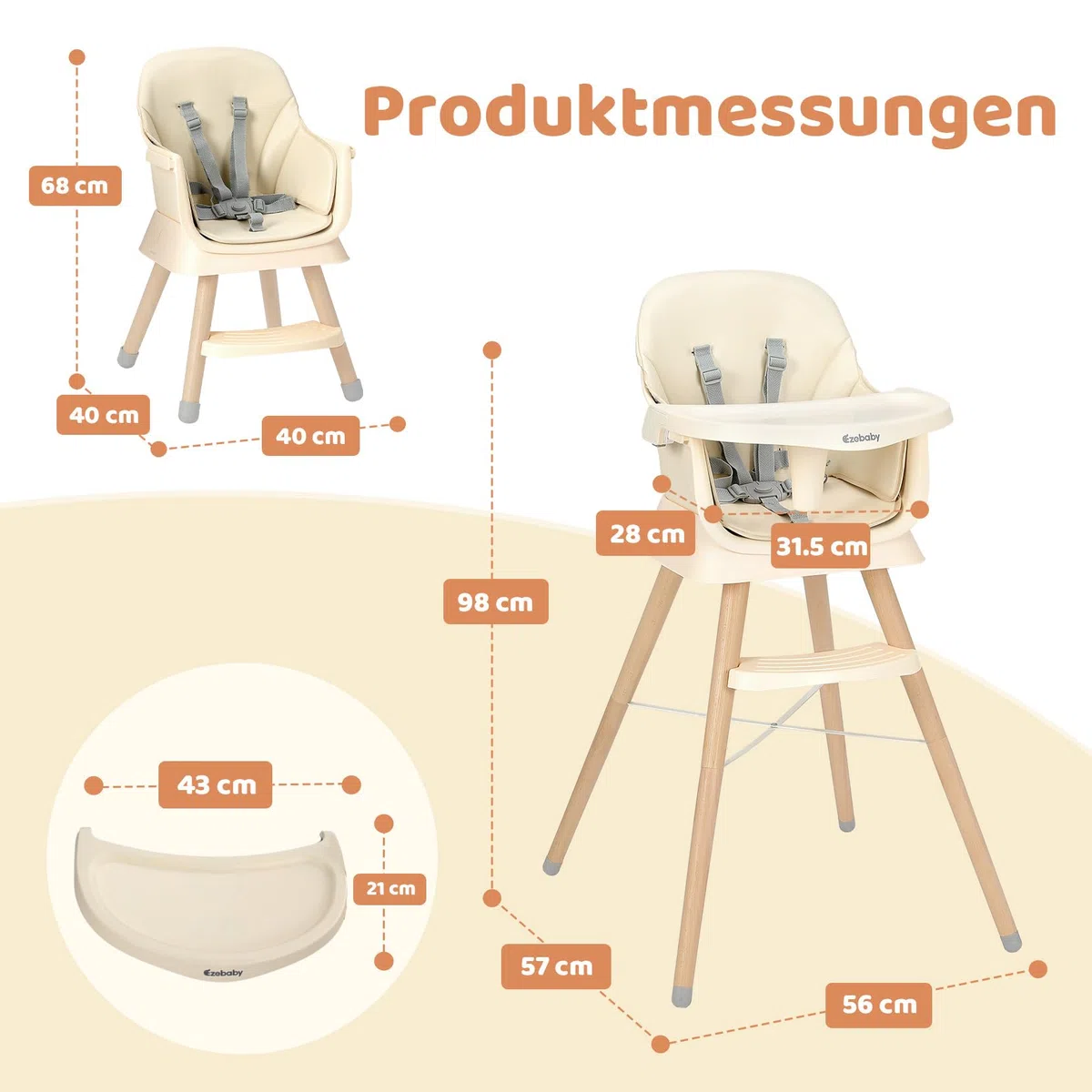 Ezebaby Hochstuhl baby 6 in 1 Sitzerhöhung Kinderstuhl Barhocker, Multfunktional Kinderhochstuhl, Beine aus Holz, mit 5-Punkt-Gurt, Fußstütze, abnehmbare Tablett für Kinder ab 6 Monate (Beige)