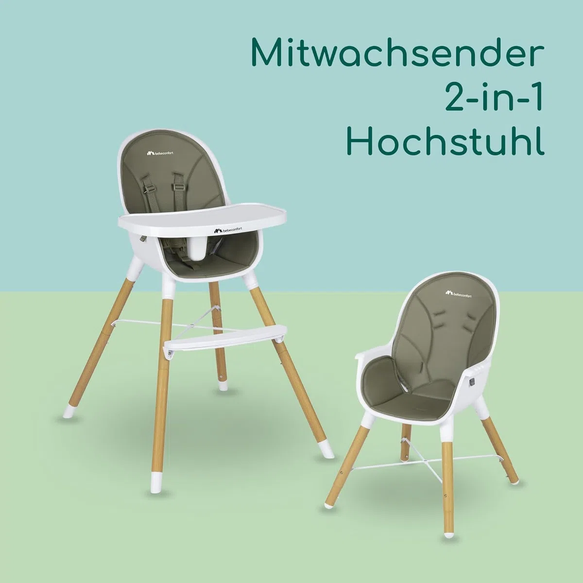 Bebeconfort Avista Babyhochstuhl, mit Polsterung und Tablett, ab 6 Monaten, Tragkraft 30 kg, Mineral Green