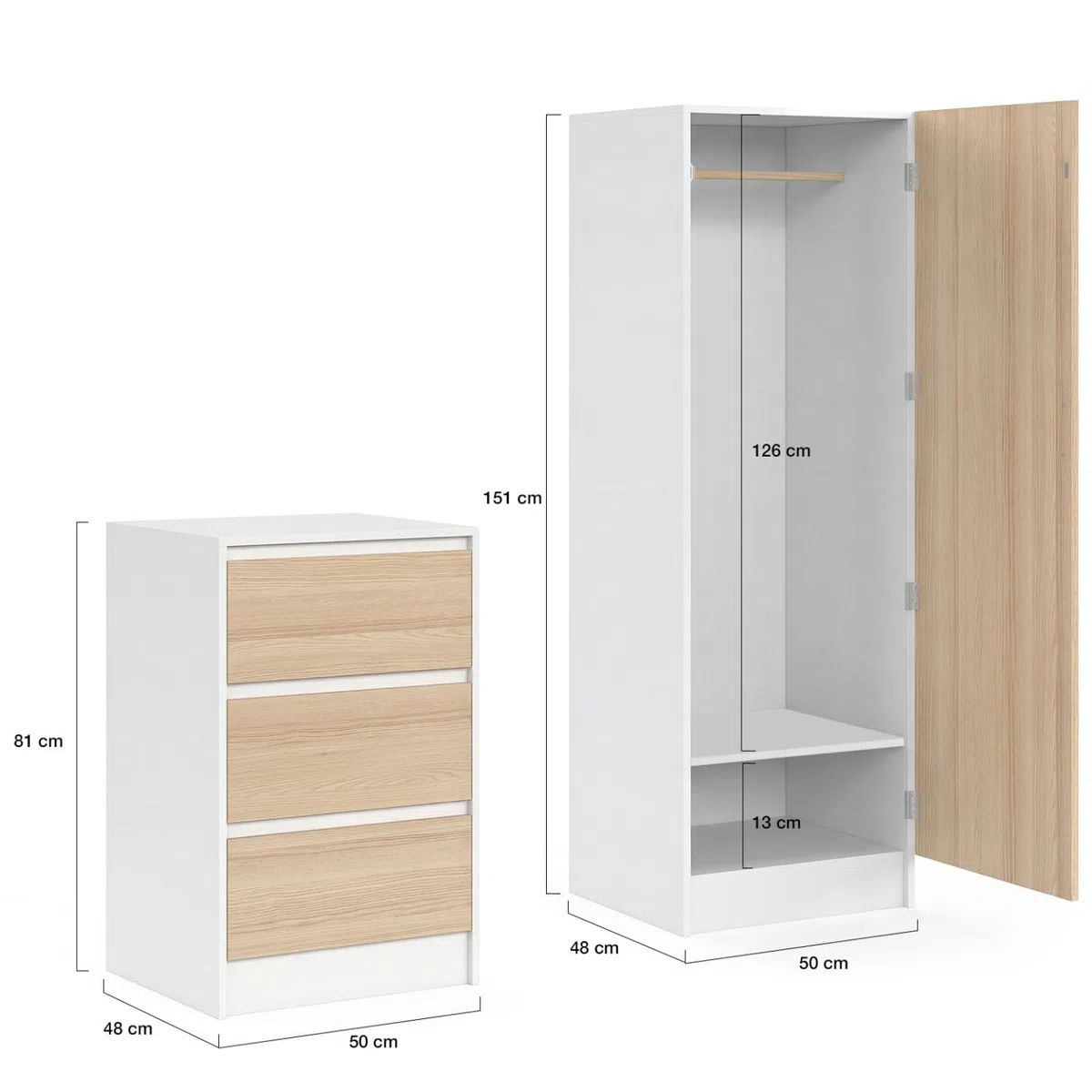IDMarket 1-türiger Kleiderschrank Ambre mit Kommode 3 Schubladen 100 cm Buche Weiß