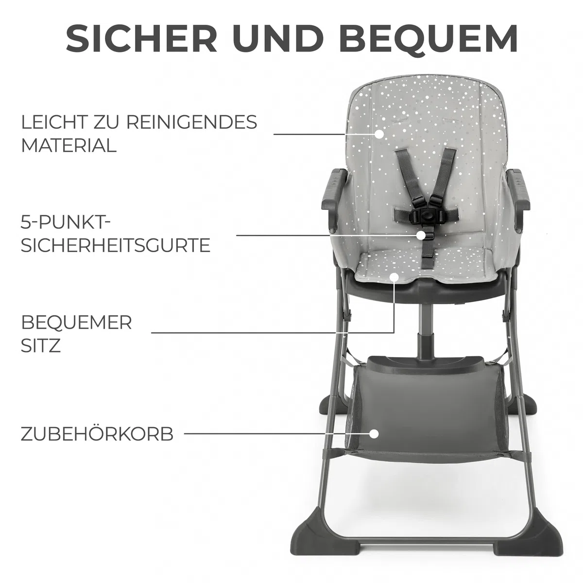 Kinderkraft FOLDEE Hochstuhl Baby, Kinderstuhl ab 6 Monate, Zusammenklappen, Leicht zu tragen mit einer Hand, Verstellbare Rückenlehne und Fußstütze, Tablett und Zubehörkorb im set, Grau
