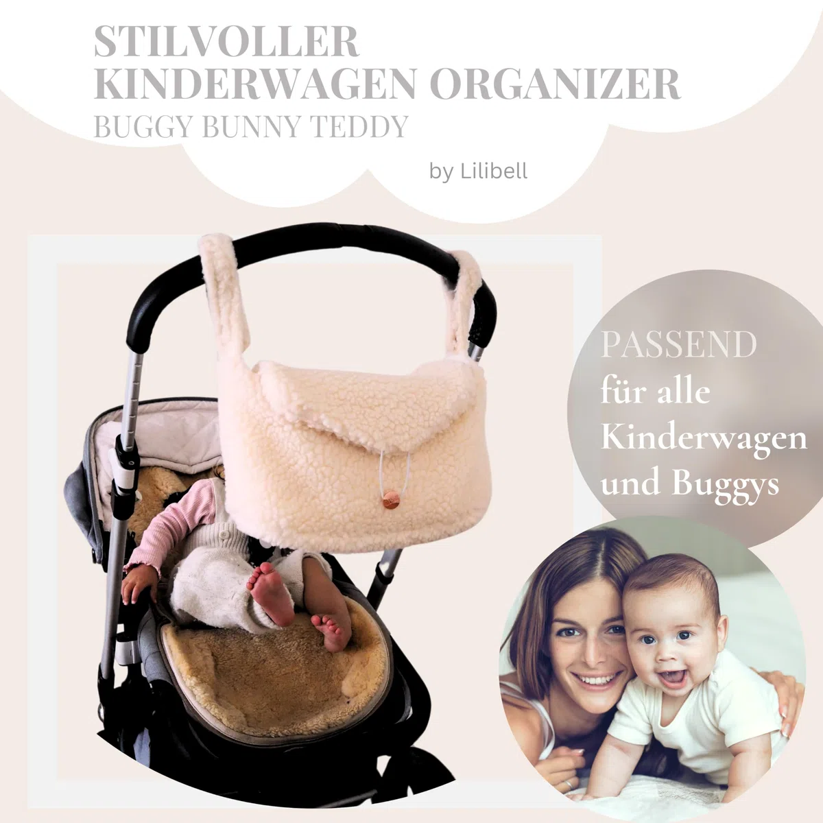 Buggy Kinderwagen Organizer mit Isolierte Getränkehalter, Universal Stylisch & Praktisch Kinderwagen tasche, waschbar Baby Wickeltasche für Kinderwagen, Bunny Bunny (Teddy Beige)