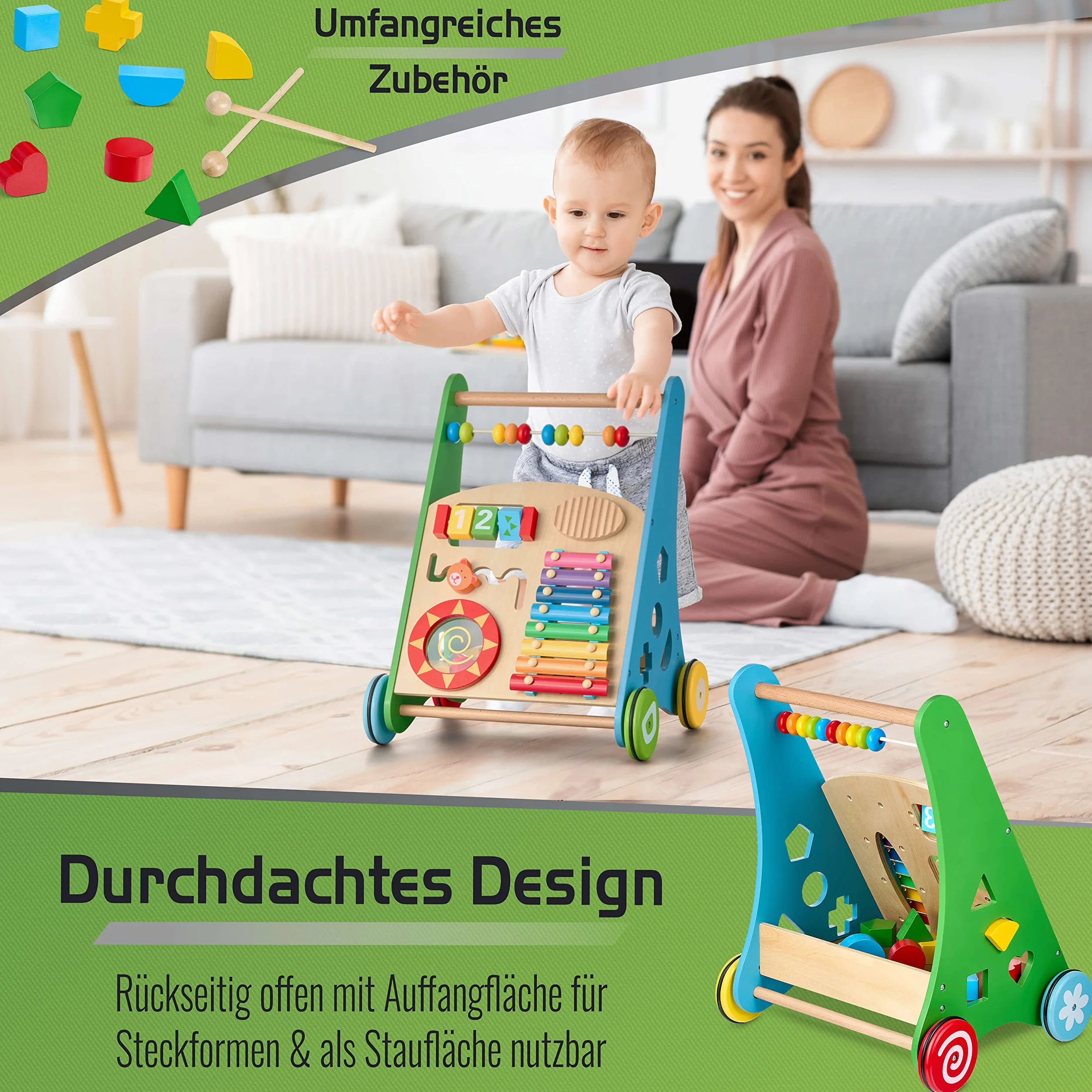 Balinco Lauflernwagen Holz, Lauflernhilfe Baby, Babywalker, Gehhilfe Baby, Lernlaufwagen, Motorikwagen, Kippsicher & Stabil, Handgefertigt, Echtholz