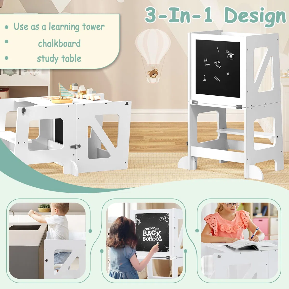 WOLTU Lernturm 3 in 1, Tritthocker Kinderhocker Kindertisch Tafel, Lernturm für Kinder, Küchenhelfer mit Rausfallschutz, faltbar, ab 3 Jahr, Weiß