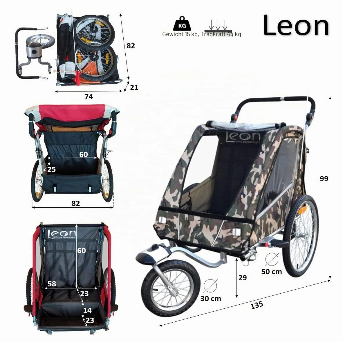 Leon Papilioshop Anhänger Kinderwagen Wagen für den Transport von 1 2 Kindern