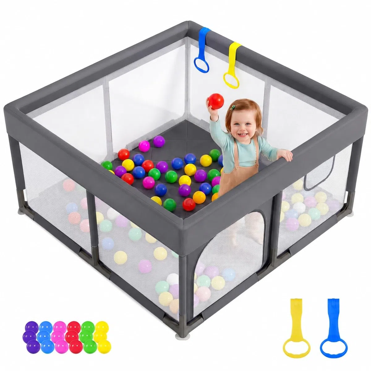 Dripex Laufstall Baby, Großes Laufgitter Baby faltbar für 2-3 Kinder, Indoor & Outdoor laufgitter & -Ställe mit atmungsaktivem Netz & 5 Pull-up Rings, 47x71", Hellgrau | All-in-One Design mit rundum gepolstertem Rahmen, integrierter Matte, 2 Greifringen u