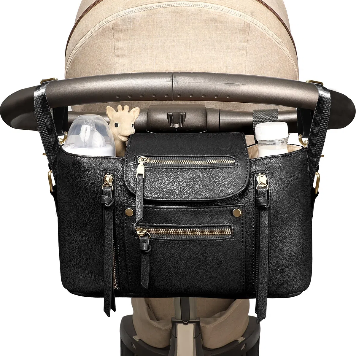miss fong Kinderwagen-Organizer mit isoliertem Getränkehalter, Zubehörtasche, Kinderwagen-Caddy mit verstellbarem Riemen, passend für alle Kinderwagen (schwarz)