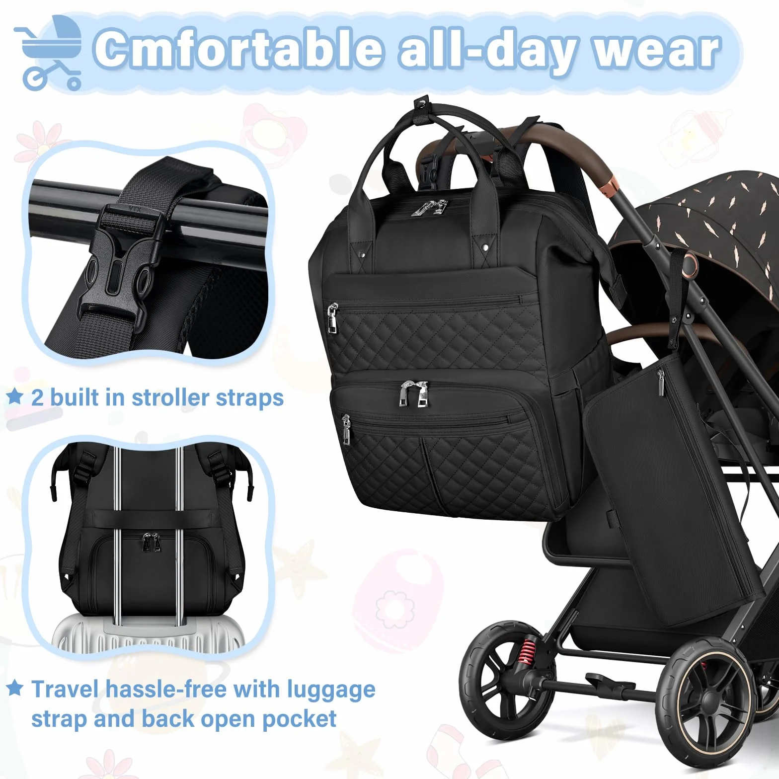 RAINSMORE Baby Wickelrucksack Groß mit Mobiler Wickelauflage Multifunktions Wickeltasche Kinderwagen Rucksack Wasserabweisend Babytasche Diaper Bag für Mama und Papa Schwarz