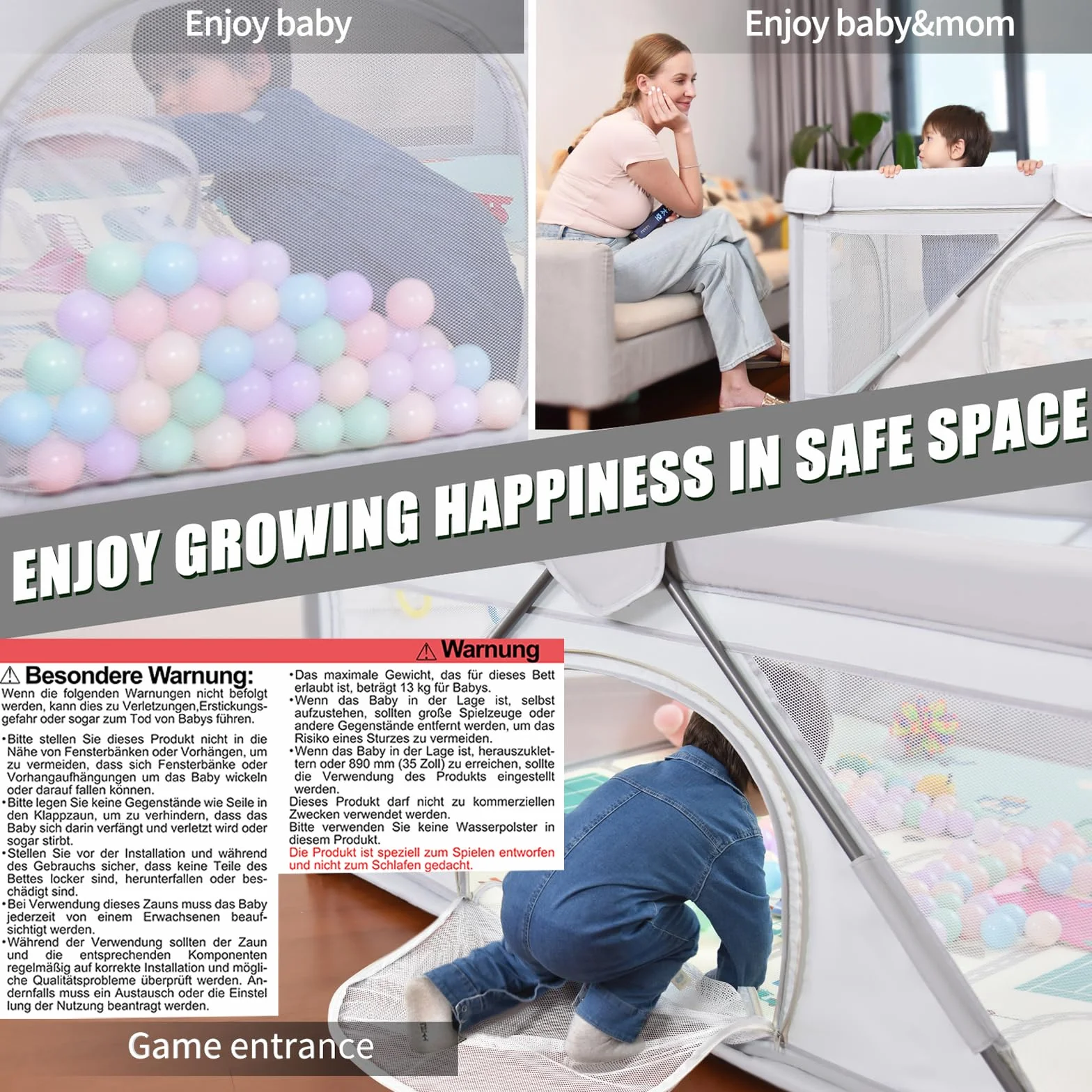 Baby Laufgitter faltbar, Heyo.Ja großer Spielhof, Laufgitter für Babys und Kleinkinder, Spiel Stifte für Babys und Kleinkinder mit Tor, tragbarer Laufstall für drinnen und draußen (120 x 160 x 68 cm)