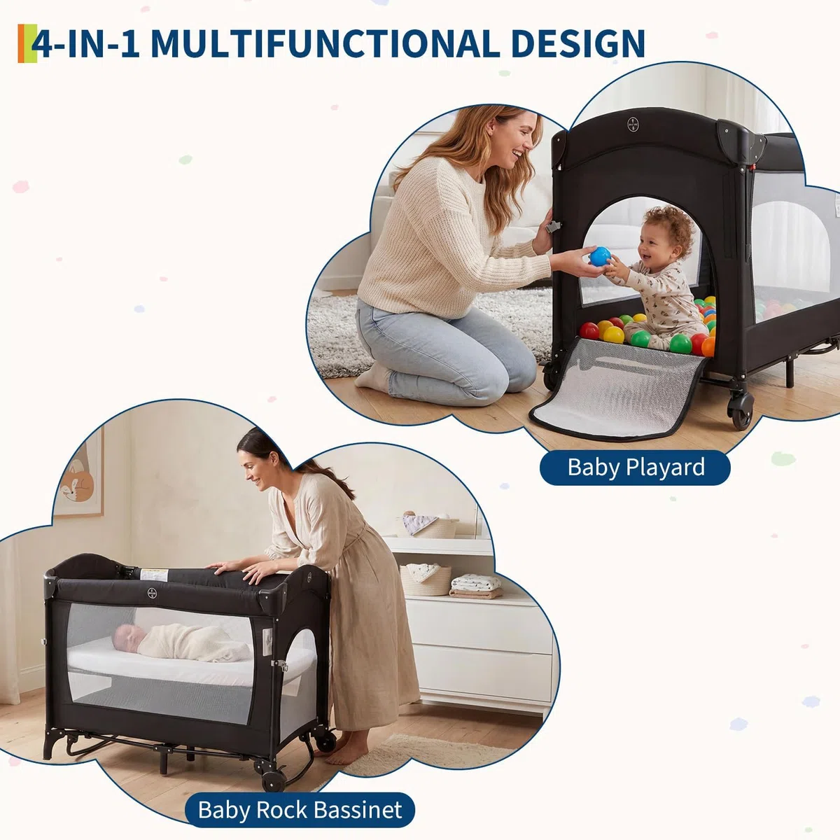 5 in 1 Beistellbett, Reisebett Baby mit Matratze, Babybett | mit Auto-Lock Räder Faltbarer Laufstall mit Musik-Spielbogen, Kinderreisebett mit Bassinet & Wickeltisch, Atmungsaktives Netz