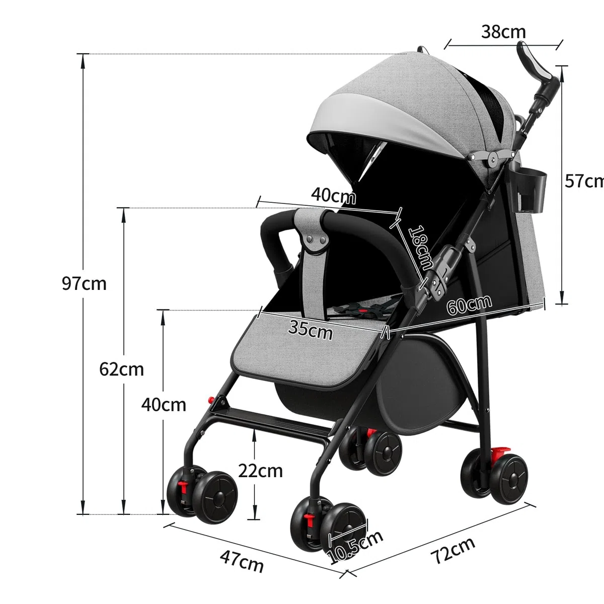 Kompakter Kinderwagen mit Liegeposition, von Geburt bis 4 Jahre (bis 25 kg), Sitzen oder Liegen, verstellbarer Griff, Kinderwagen mit 4 Rädern mit Baumwollmatte + Moskitonetz – 47 x 72 x 97 cm – Grau
