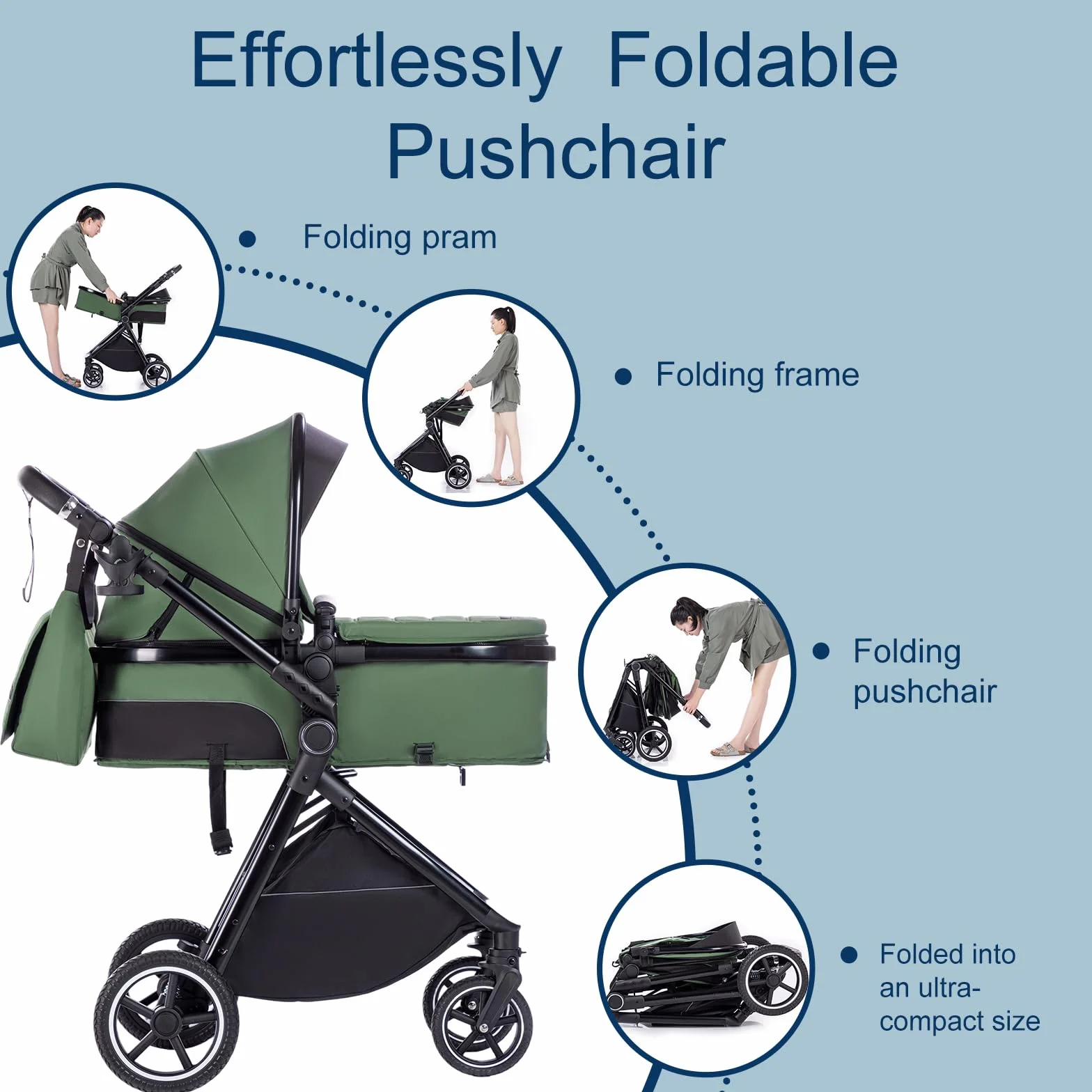 Kinderwagen 3 in 1, Buggy Klein Zusammenklappbar mit Moskitonetz und Regenschutz, Reise Kinderwagen mit Verstellbarer Griff, Räder aus PU, Geeignet für 0-3 Jahre