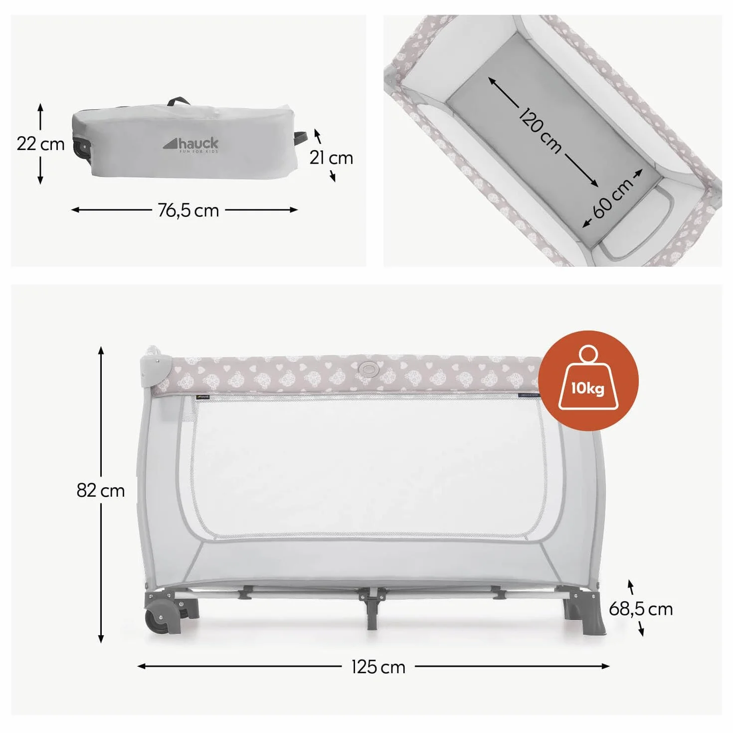 hauck Sleep N Play Center, Teddy Grey - Kinderreisebett Set mit Neugeboreneneinhang, Wickelauflage, Tragetasche, Rollen & Schlupf, Faltbar, Baby Reisebett & Laufstall ab Geburt bis 15 kg max. 3 Jahre