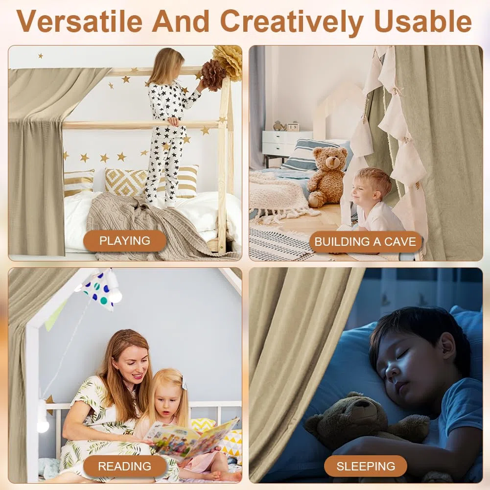 Vicloon Hausbett Himmel, Betthimmel Hausbett aus 100% Baumwolle Musselin Handmade, Stoffhimmel für Kinderbett Kinderzimmer, Betthimmel für Hausbett Deko Mädchen & Jungen, 135 x 360 cm, Beigegrau