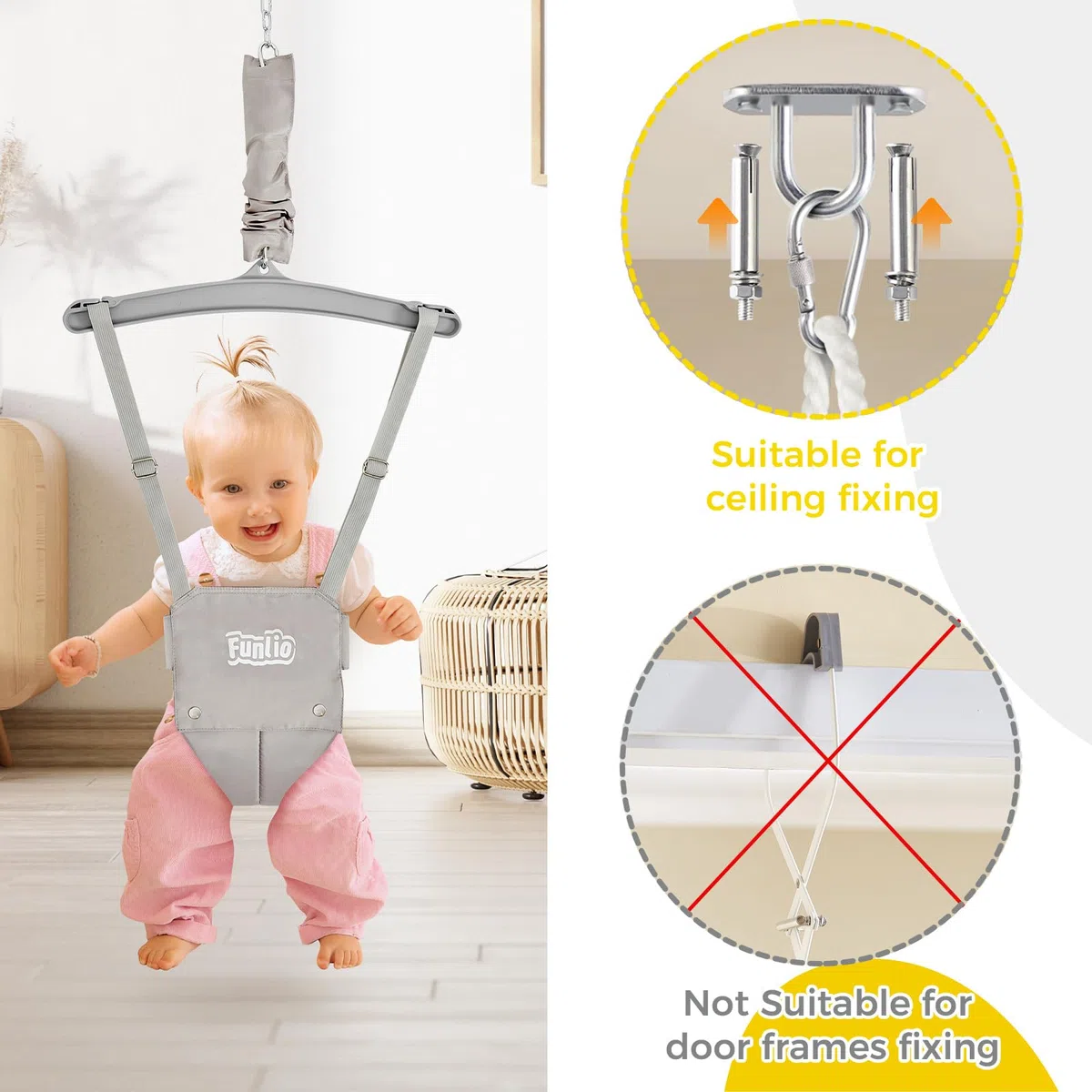 FUNLIO Baby Türhopser mit Deckenhaken für 6–24 Monate, Baby Hüpfschaukel für Drinnen und Draußen, Kleinkind Türhopser mit Verstellbarer Kette, einfach zu Montieren und Aufzubewahren - Grau