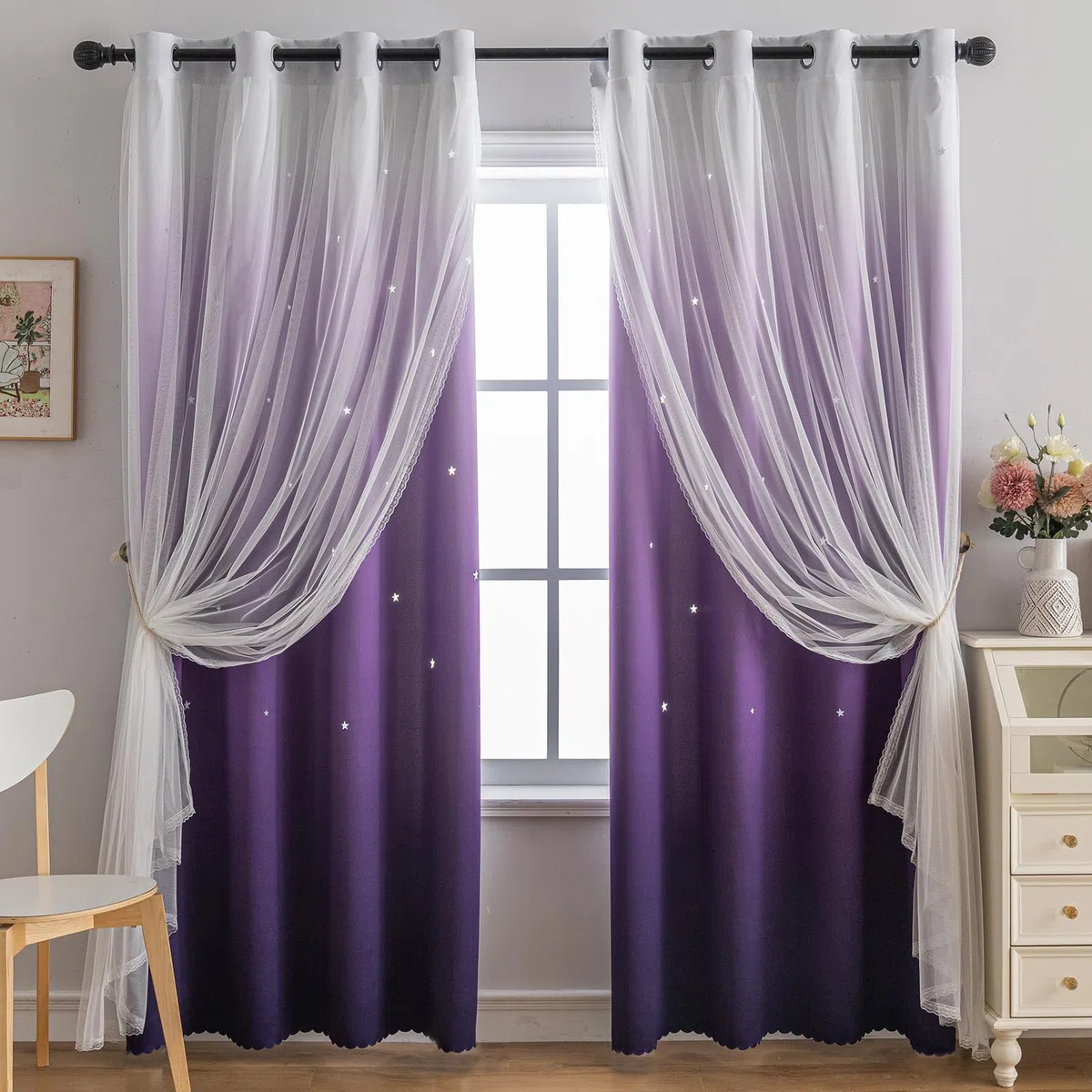indistar Verdunklungsvorhänge für Schlafzimmer, 2-lagiges Design aus Stoff und Tüll, hübscher Fenstervorhang für Kinderzimmer, 1 Paneel (B132 x L213 cm Dunkelviolett)