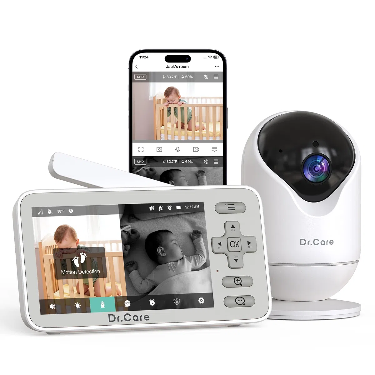 Dr.Care VistaView Lite WLAN Smart Babyphone mit App-Steuerung, 1080P Kamera & 720P Split Screen, Bewegungserkennung, IR-Nachtsicht (4" Monitor mit 1 Kamera)