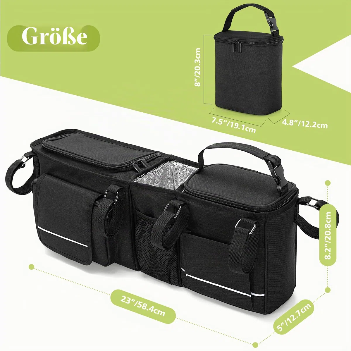 HODRANT Hängender Doppel Kinderwagen Organizer, Kompatibel mit City Mini GT2 Double & Kompatibel mit BOB Duallie Kinderwagen, Kinderwagen Caddy mit abnehmbarer Kühltasche, Nur Tasche