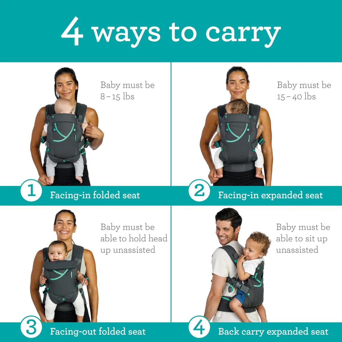 Infantino Carry On Active Babytrage, Ergonomische Multi-Taschen-Babytrage für Neugeborene bis Kleinkinder 3,6–18,1 kg mit Gepolsterten Trägern, Stauraum am Lendengurt, Grau